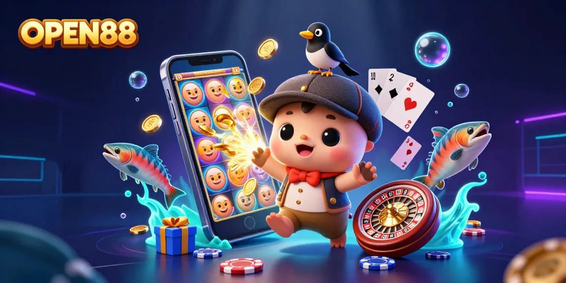Experience the excitement of winning at OPEN88 with playful characters and vibrant casino elements.