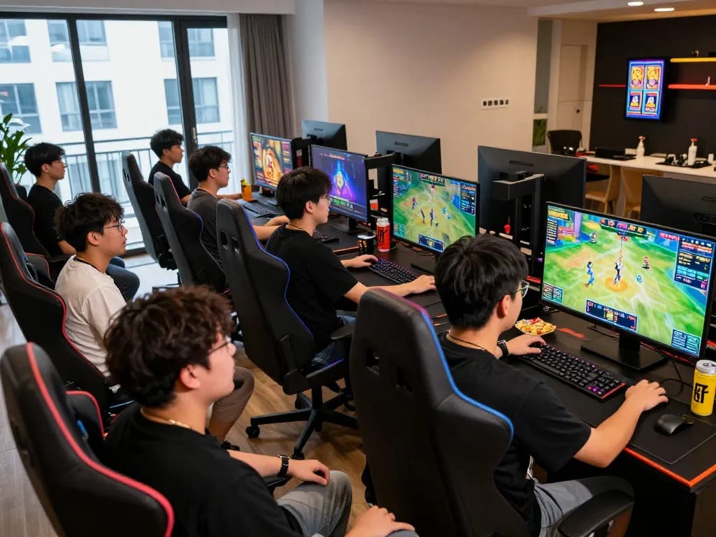Players enjoying a thrilling gaming session at gem88, surrounded by high-tech setups and vibrant visuals.