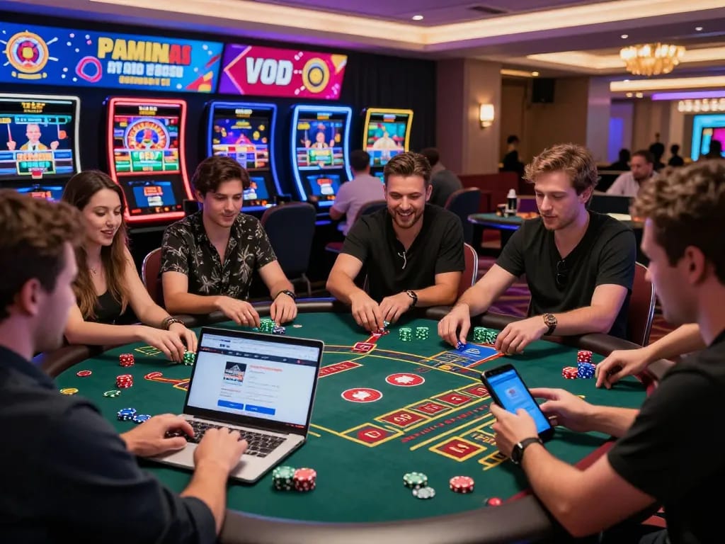 Engaged players enjoying online gaming at okwin.com in a vibrant casino atmosphere.