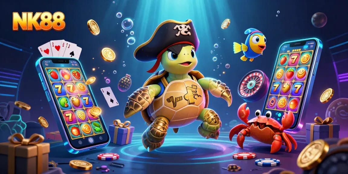 Engage with NK88's vibrant slot games in a dynamic underwater scene featuring a pirate turtle, crab, and parrotfish.