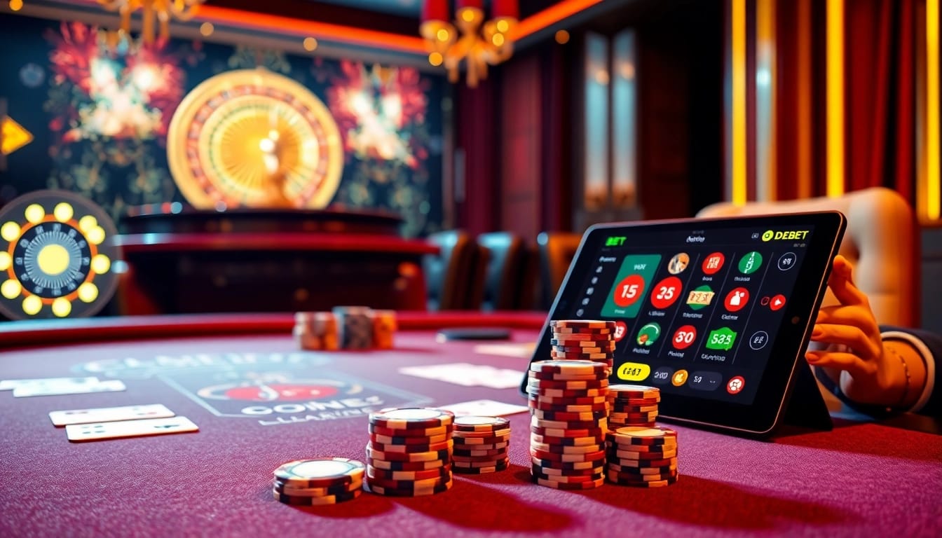 Experience the thrill of the luxurious Cổng Game DEBET with vibrant casino tables and poker action.