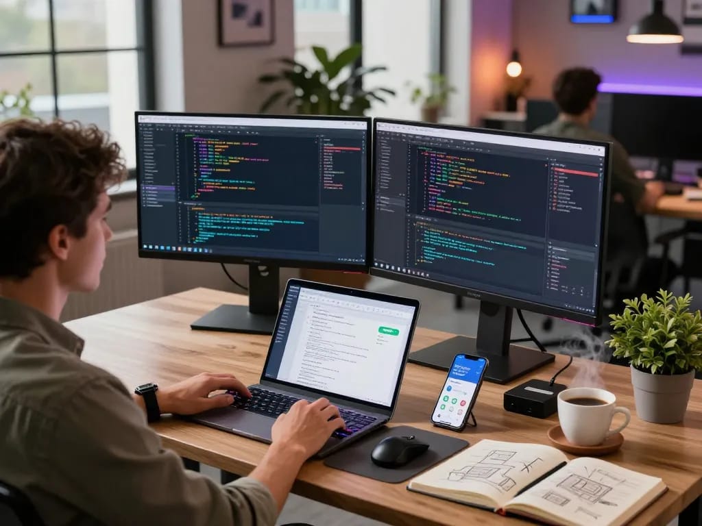 Moltbot software development scene showcasing coding, collaboration, and innovative technology.