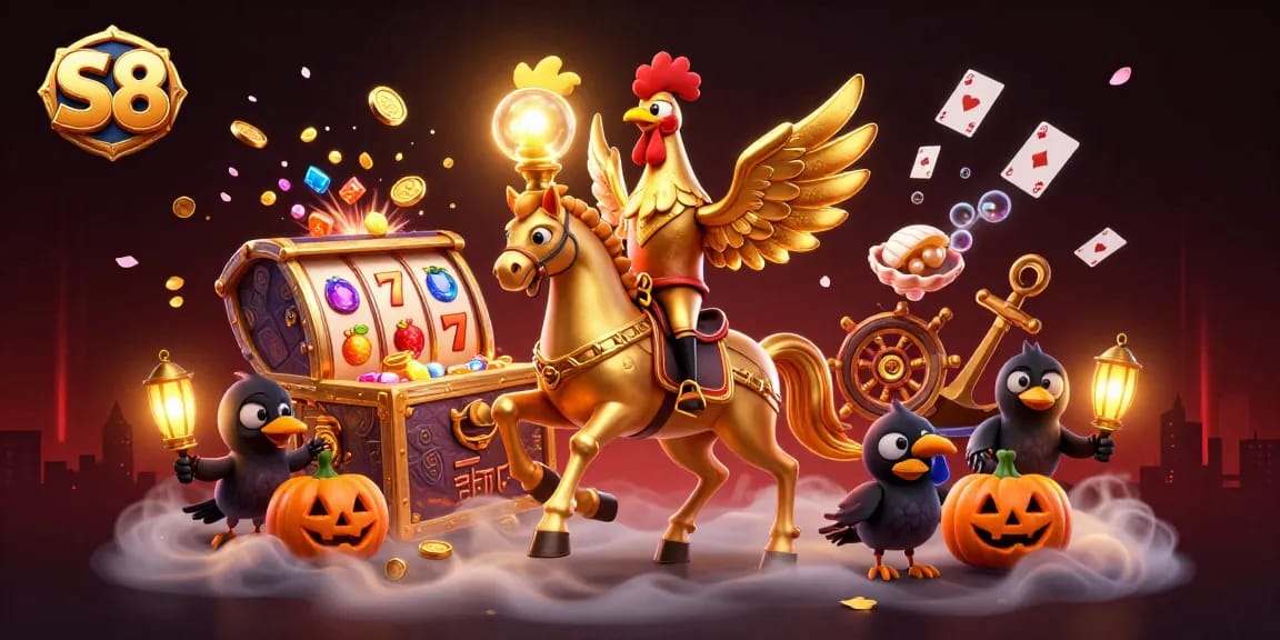 Spin the reels and win big at S8, featuring stunning casino action with golden characters.