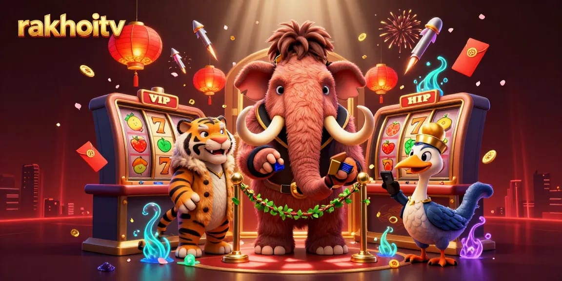 Experience thrilling moments with rakhoitv featuring a vibrant 3D casino scene showcasing colorful slot reels and fun characters.
