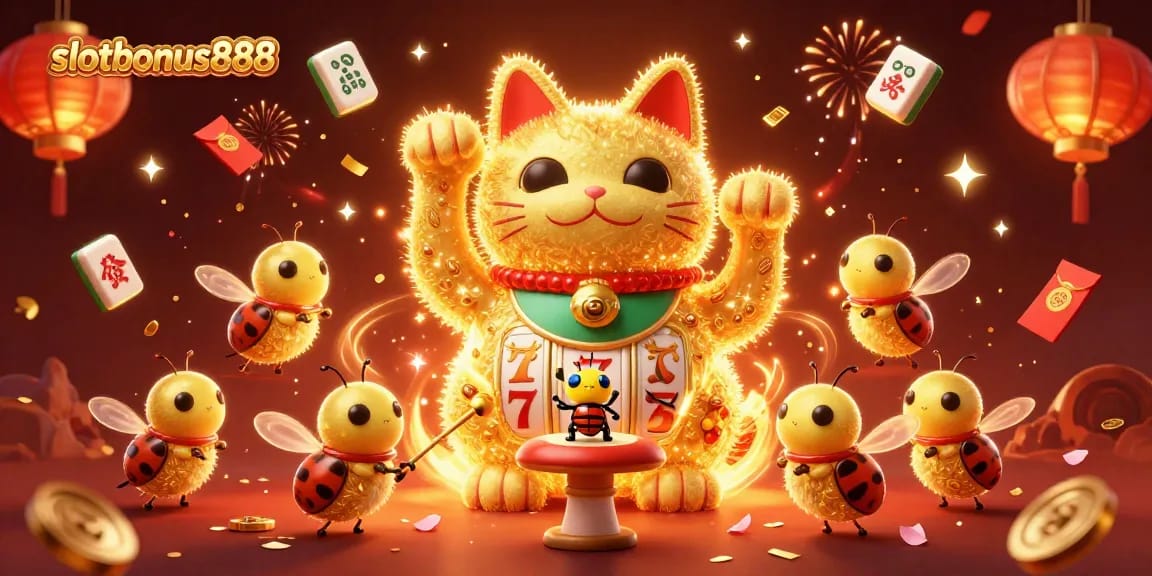 Engage with slotbonus888's vibrant casino world featuring a golden lucky cat surrounded by festive symbols.