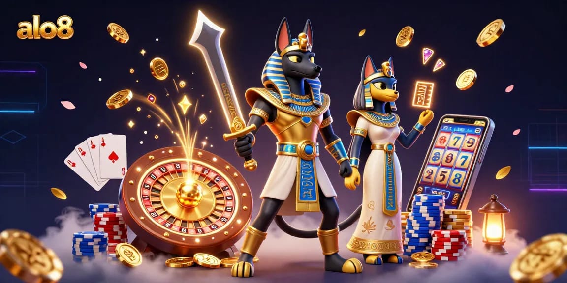 Experience thrilling wins at alo8 with a dynamic illustration of casino gameplay involving Anubis and Bastet.