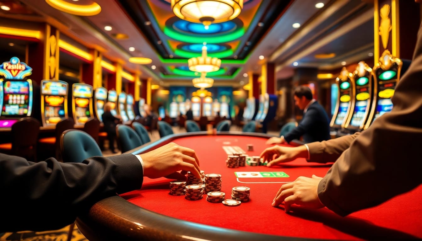 Experience the thrill of gambling with piecing poker chips at https://kjc.football/, surrounded by vibrant slot machines.