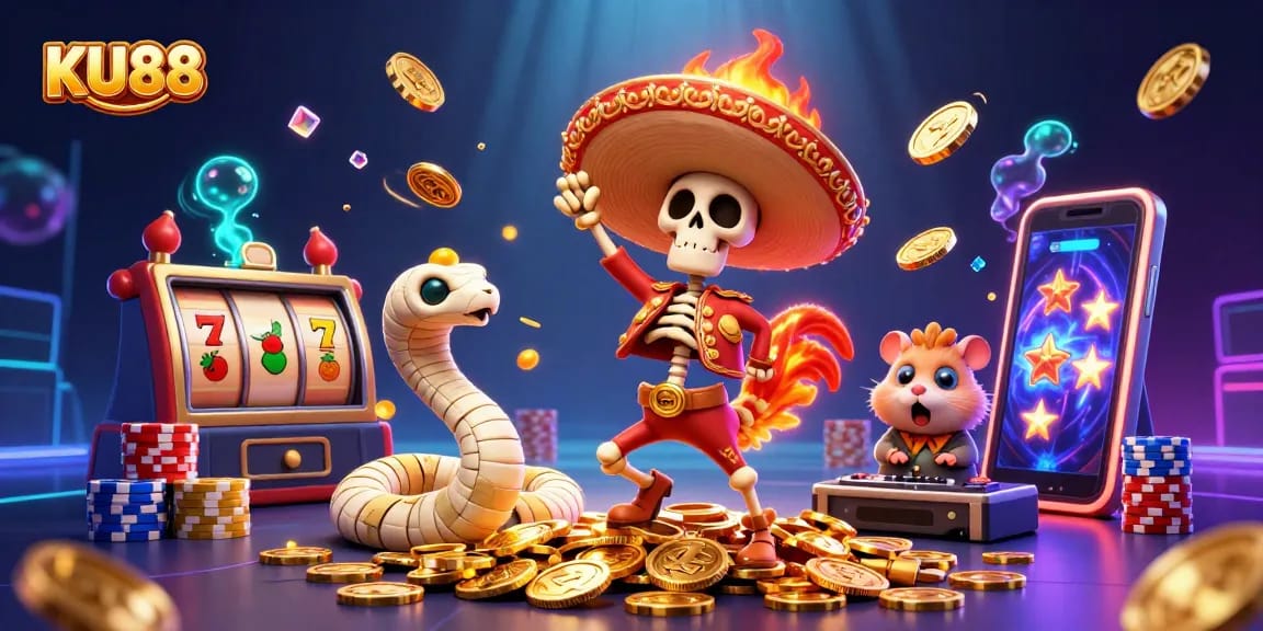 Join the excitement at KU88 with vibrant 3D characters surrounded by casino elements and golden coins!