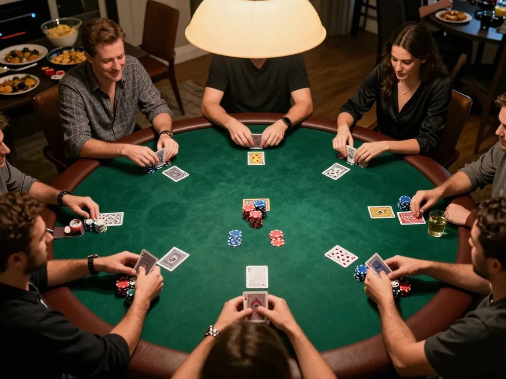 Players enjoying a thrilling card game at a home poker night with a vibrant 78WIN atmosphere.