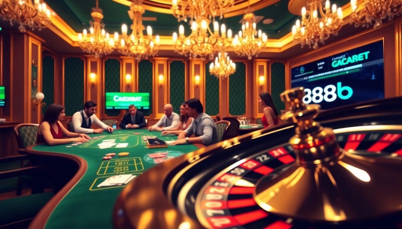 Experience the thrill of gambling at 888b with an exciting casino scene featuring a baccarat table.