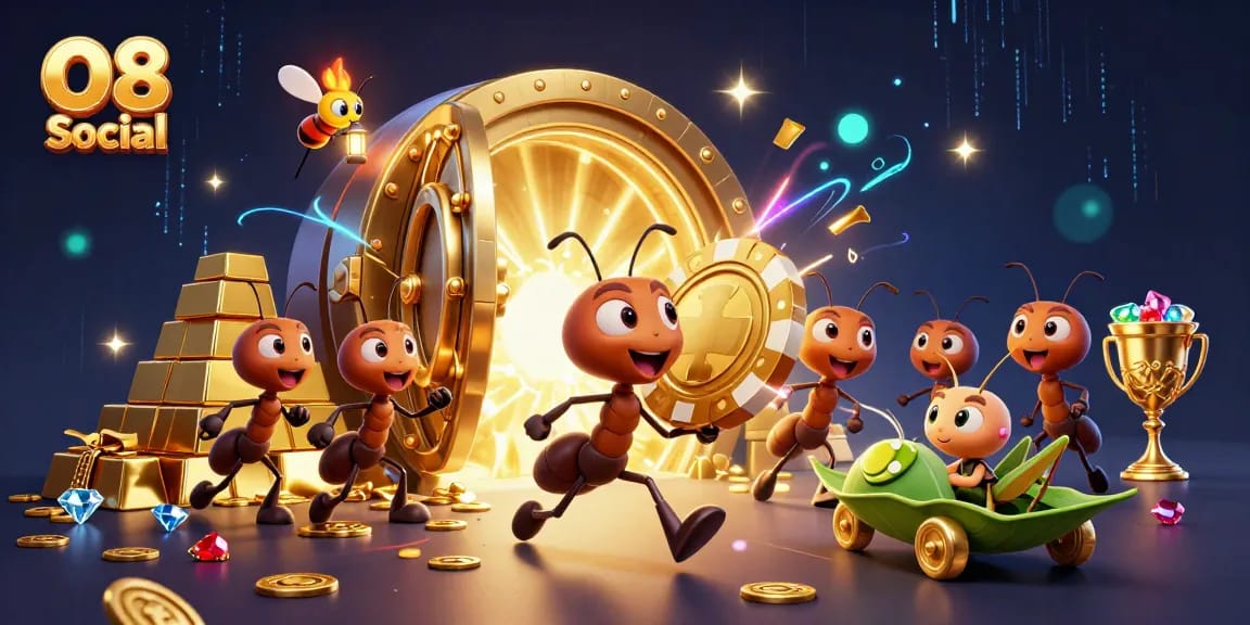 Join the exciting action at O8 Social with energetic ants heisting giant poker chips!