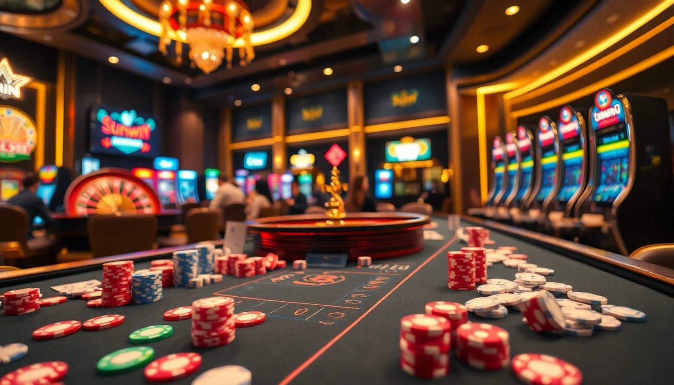 Players enjoying their bets at a Sunwin casino table with vibrant chips and cards.