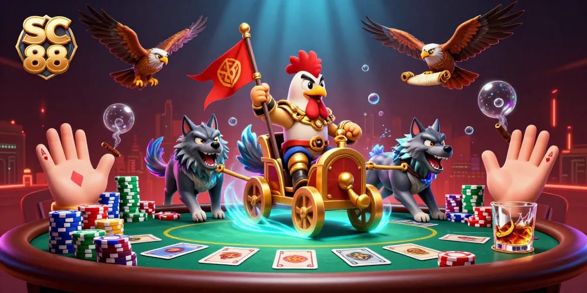 Engage in epic SC 88 casino battles with a rooster warlord and poker chips.
