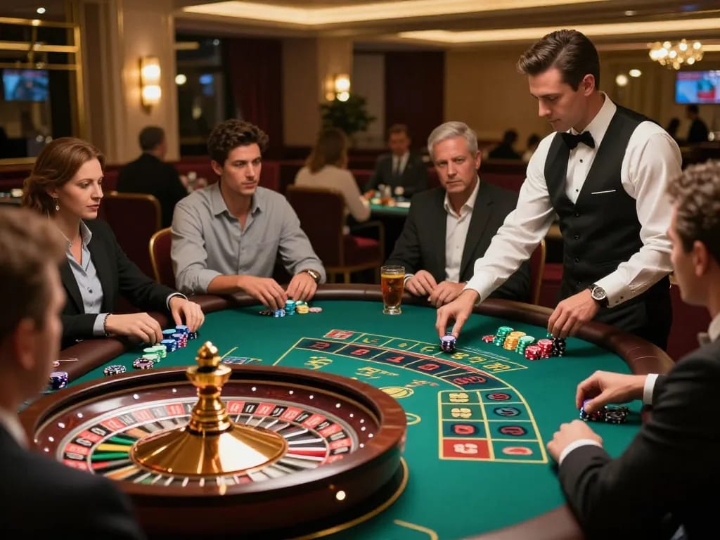 Players engaging in an exciting roulette game at mb66 casino table, vibrant atmosphere filled with action.