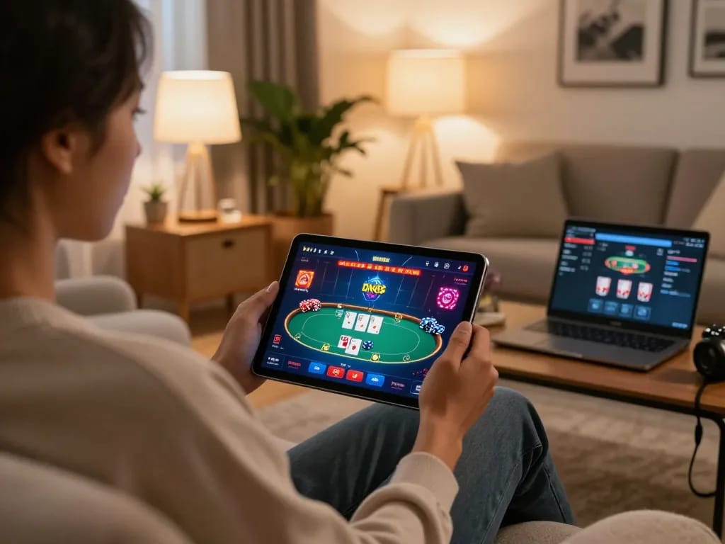 Person engaging in online gaming with DN88 casino app on tablet, showcasing immersive gameplay.