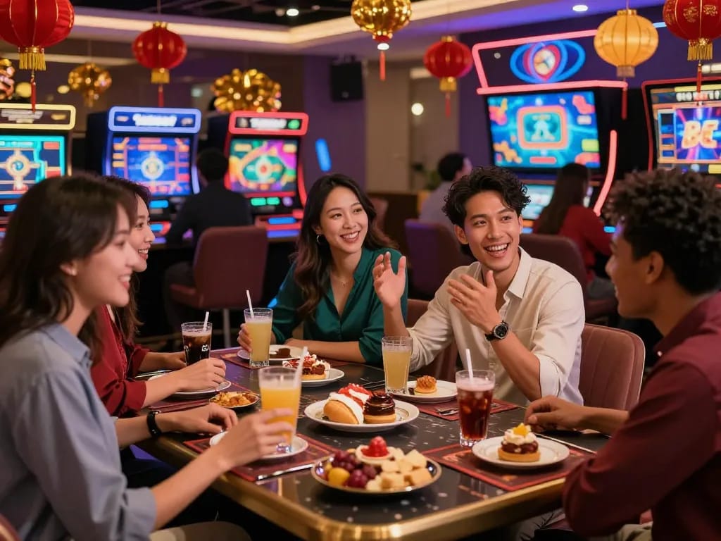 Exciting 8kbet gaming scene during Tet celebrations with friends enjoying luxury gaming.
