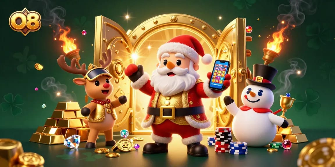 Experience O8's exciting jackpot slots with Santa and friends in a vibrant casino illustration.