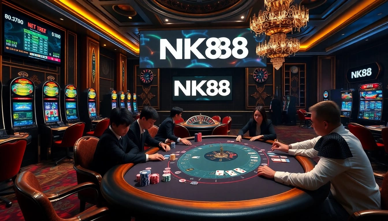 Engaged players at NK88 poker table with vibrant chips and cards in a luxury casino setting.