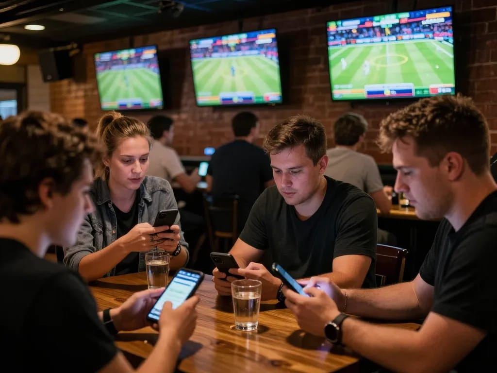 Betting excitement at nhandinhkeonhacai as patrons engage in live sports betting at a bustling sports bar