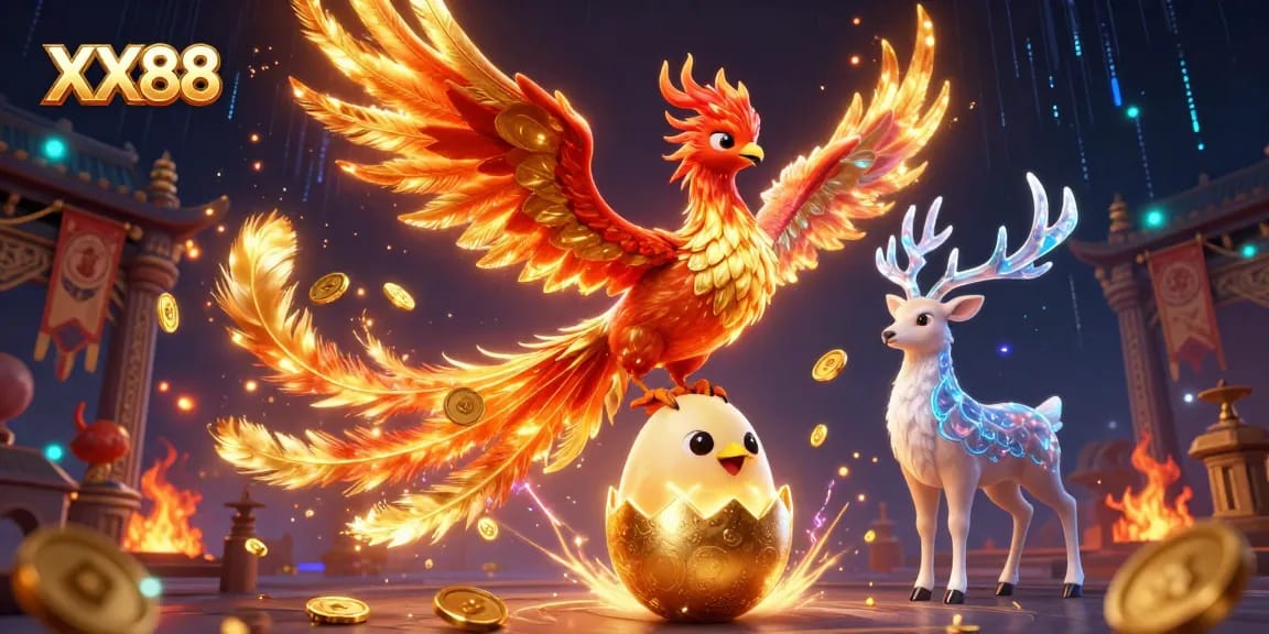 Experience the thrill of XX88 with dynamic phoenix and stag in a vibrant casino scene