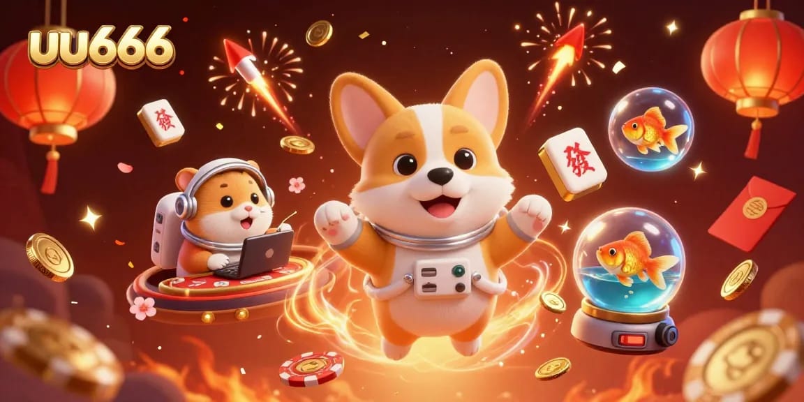 Spin and win at uu666 with an astronaut corgi, poker chips, and festive casino elements.