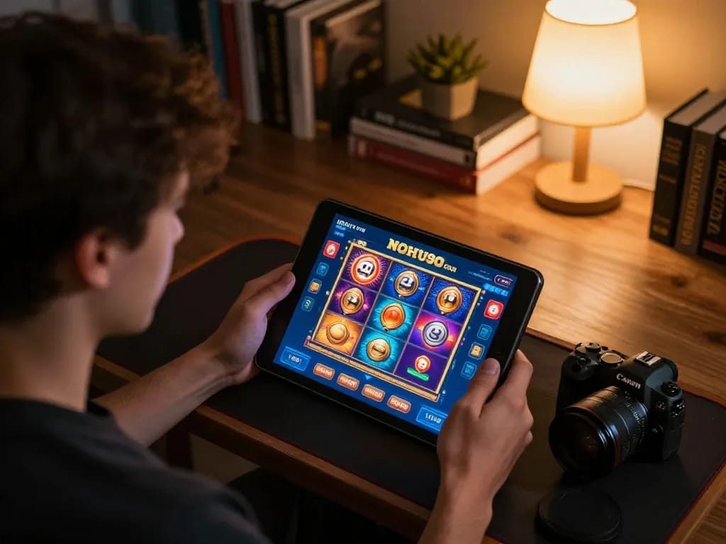 Engaging gameplay experience on NOHU90 COM with user enjoying online casino options in a cozy setting.