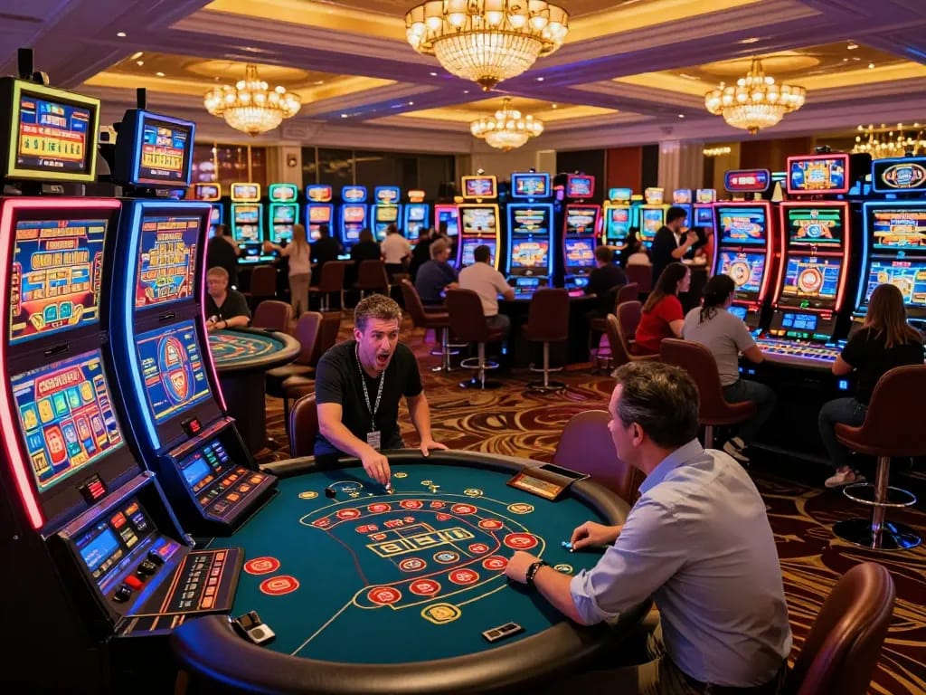 Players enjoying vibrant slot machines in a luxurious environment at 8EEE plataforma casino.