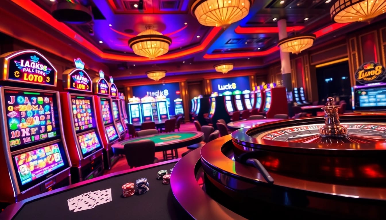 Experience the excitement of luck8 at vibrant casino tables with spinning reels and poker games.