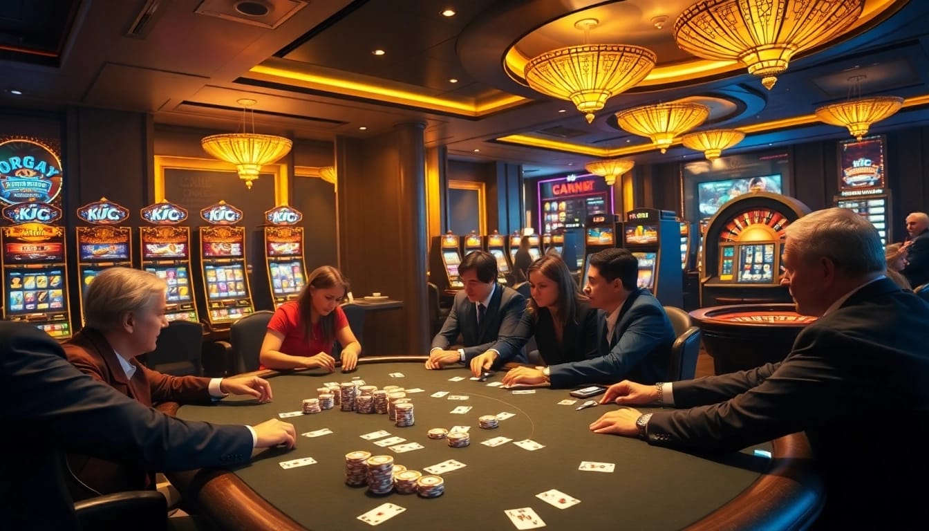 KJC players enjoying a thrilling poker game with branded chips at a sophisticated casino.
