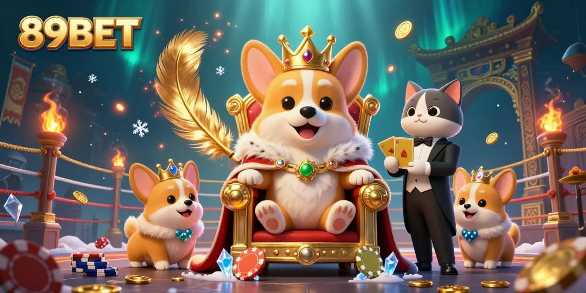 Engage with the vibrant 89BET casino scene featuring royal corgi characters surrounded by dynamic casino elements and gold coins.