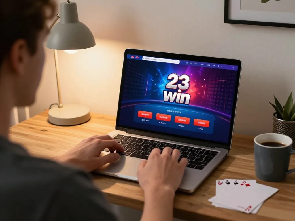 Engaged player using 23win platform on laptop, enjoying a cozy online gaming experience.
