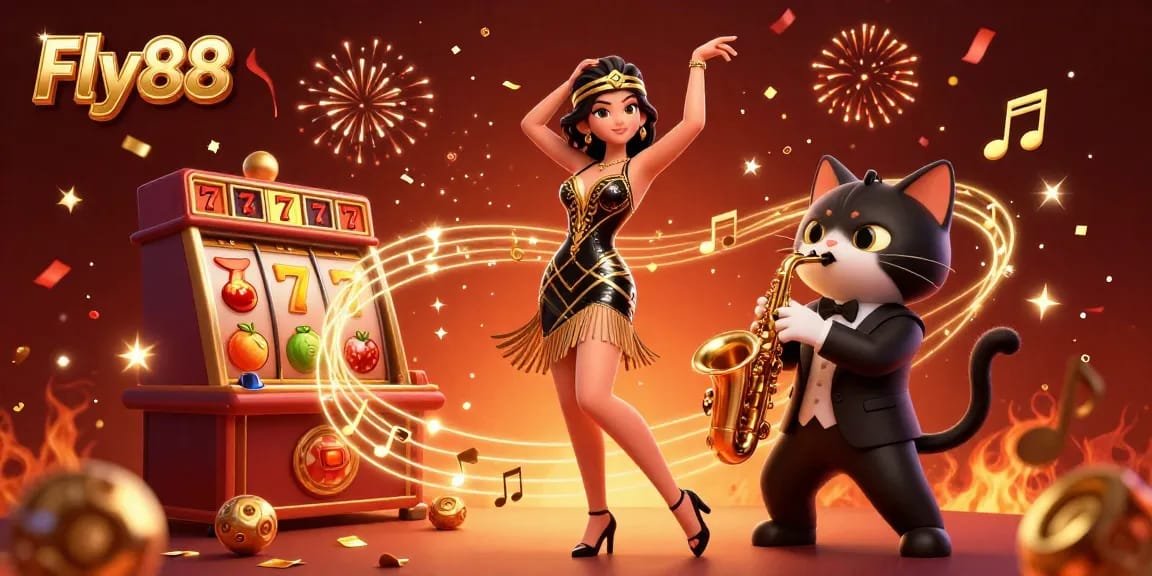 Engage in thrilling casino action with Fly88, showcasing dynamic slot games and energetic celebration.