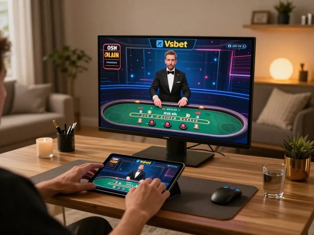 Player engaging with Vsbet online casino on tablet in cozy home setup, capturing the excitement of live gaming.