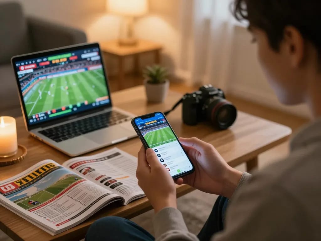 Betting enthusiast using luck8 mobile app for live sports betting from home, focused expression