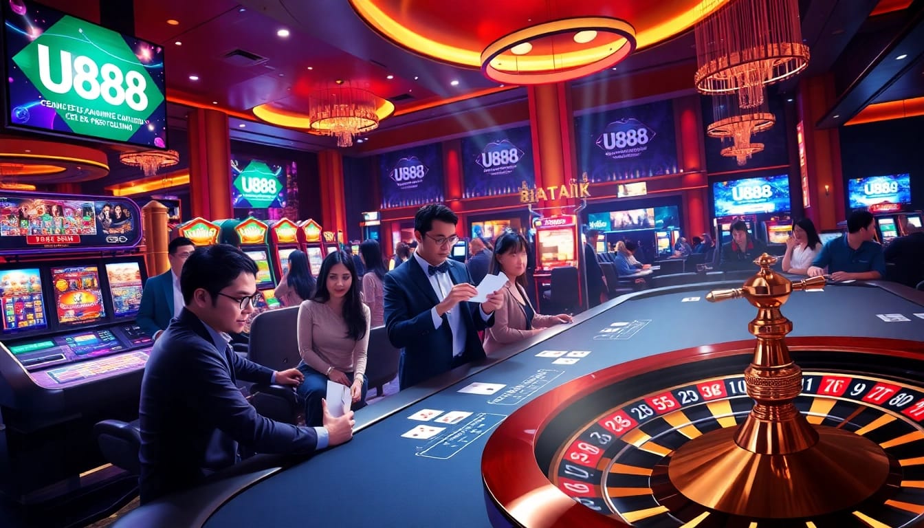 U888 players enjoying the excitement of high-stakes gaming with poker cards and slot machines.