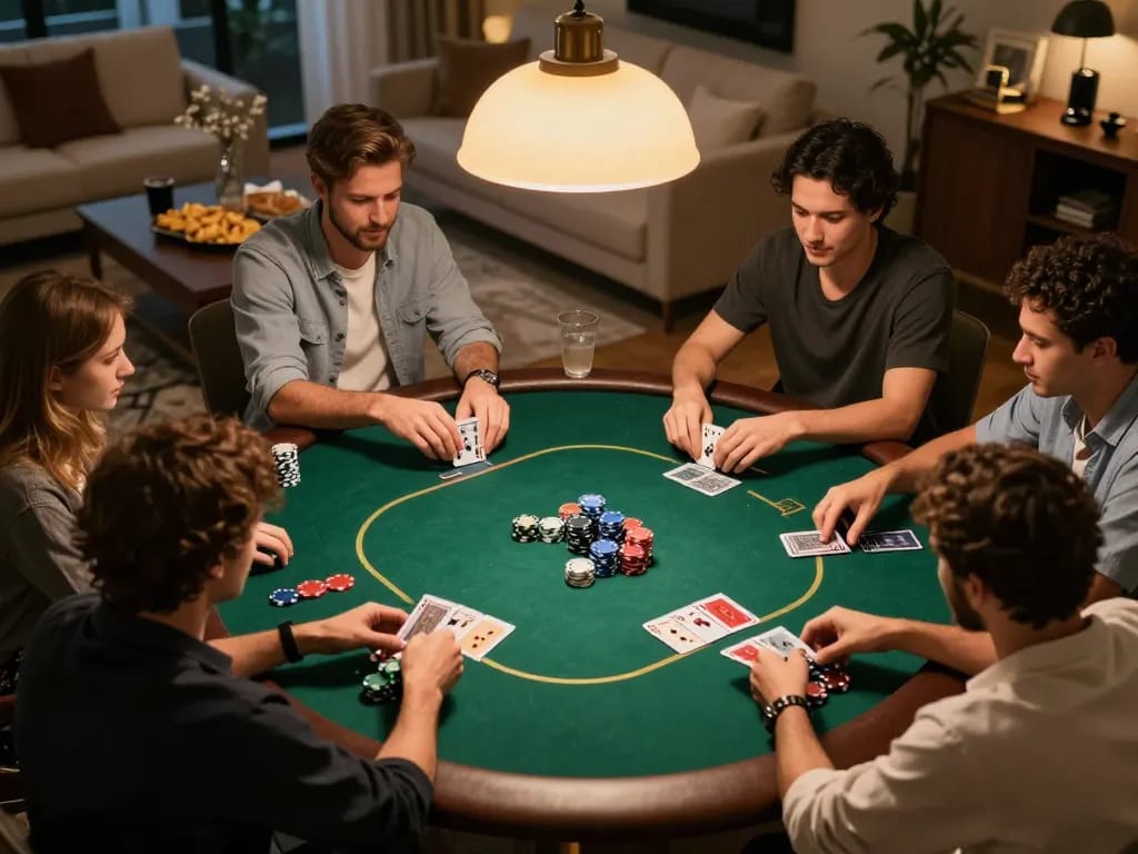 Players enjoying a strategic poker night at home while engaging with Fun79 INK.