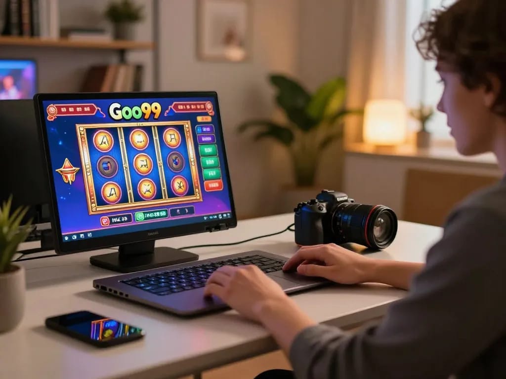 Player enjoying Go99 online casino game on laptop, showcasing vibrant gaming setup
