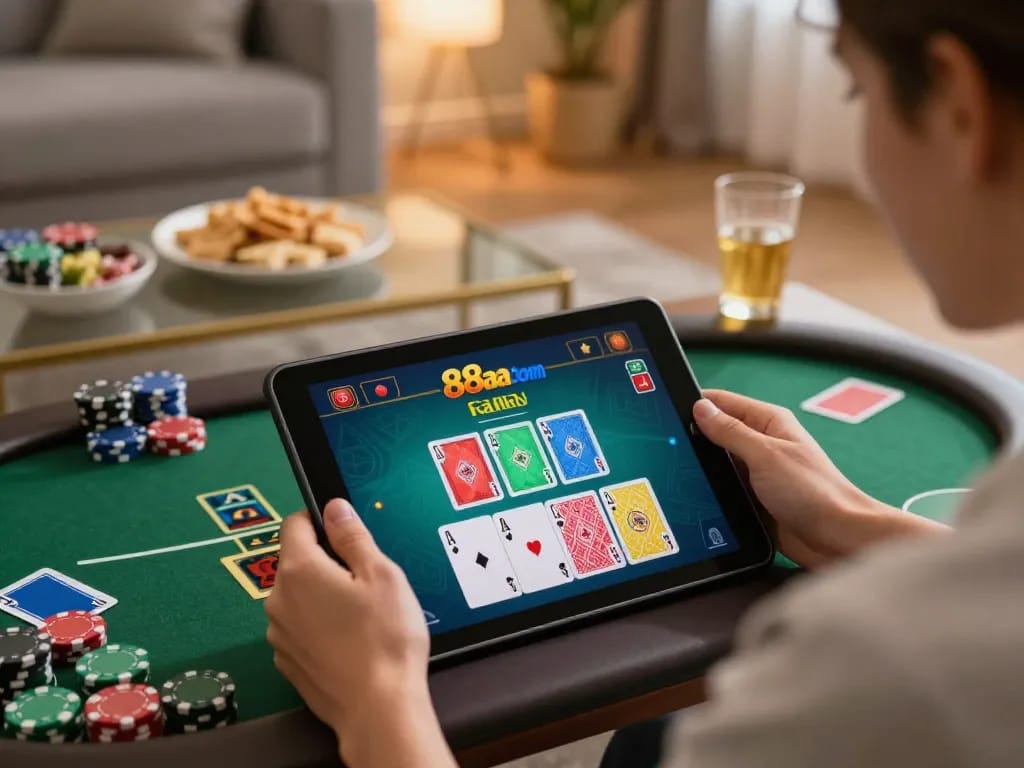 Engaging in a live dealer blackjack game at 88aa com on a tablet, highlighting online gaming excitement.