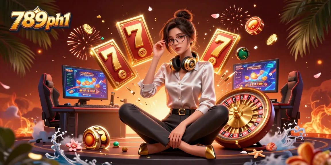 Engage with excitement at 789ph1, featuring a woman gaming with 3D jackpot reels and a roulette wheel.