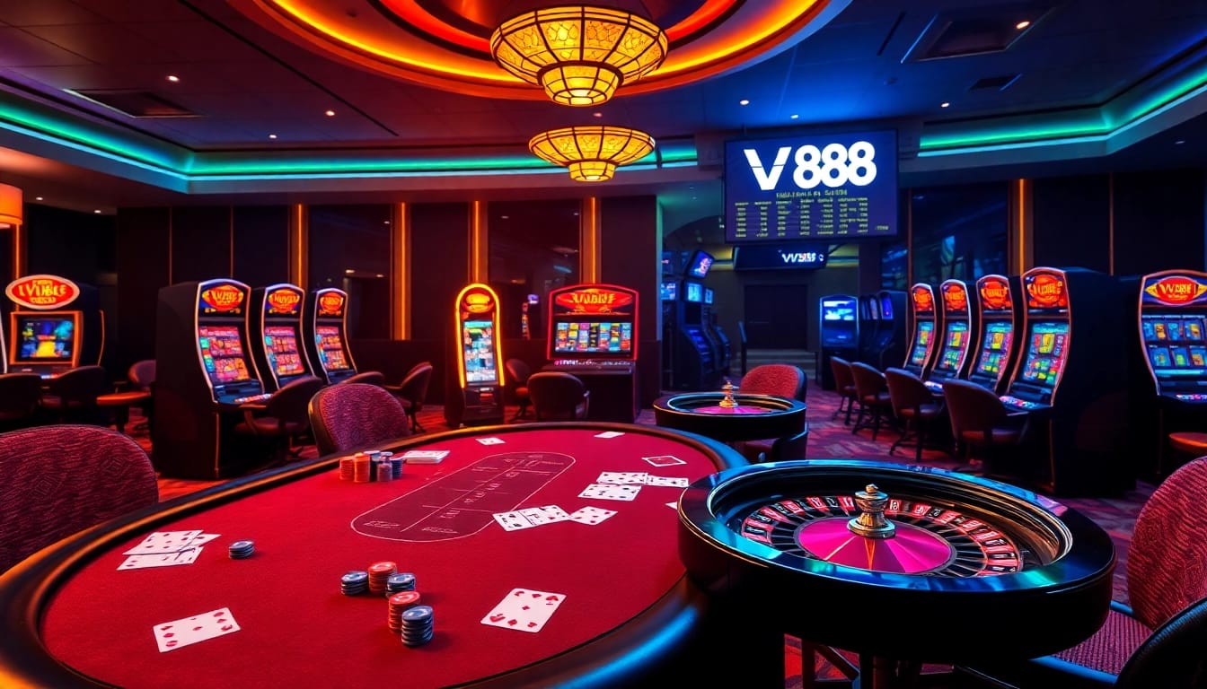 Experience VU88’s vibrant online casino with a luxurious poker table and dynamic slot games.