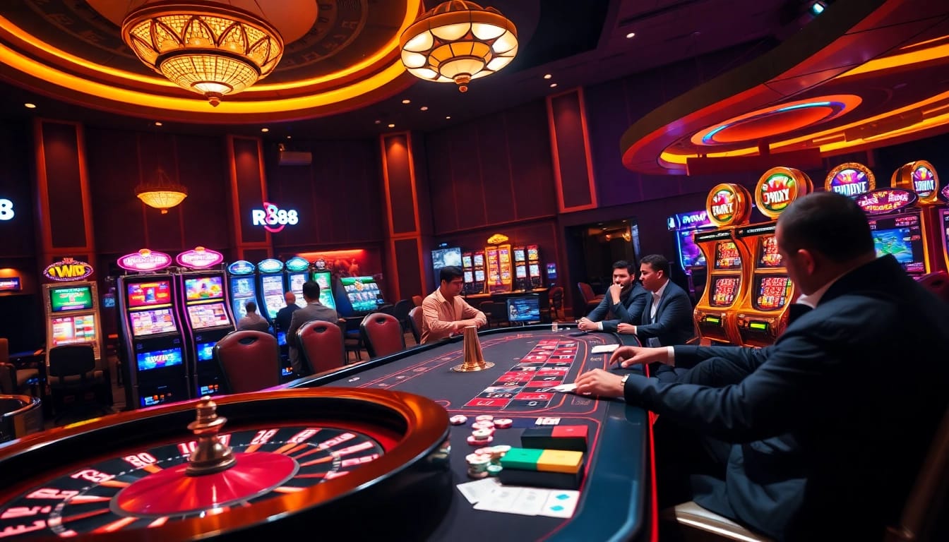 Players enjoying high-stakes poker at RR88 casino, capturing excitement and strategy.