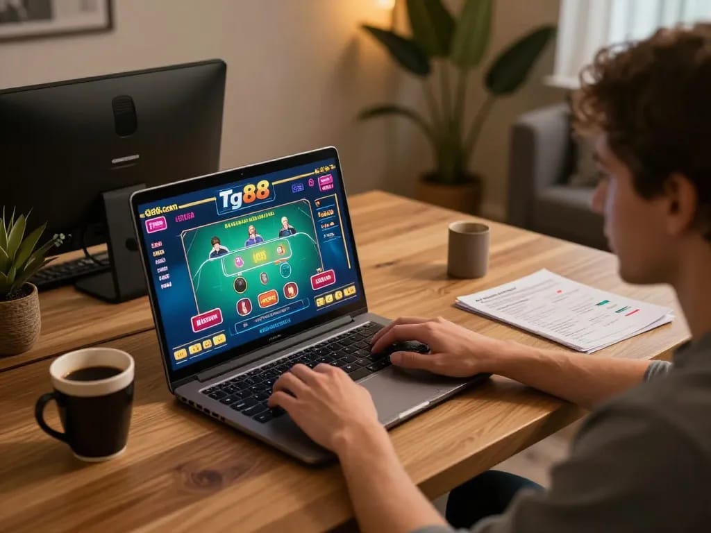 Player engaged in online gaming on Tg88.com with laptop showing live dealer action and strategies.