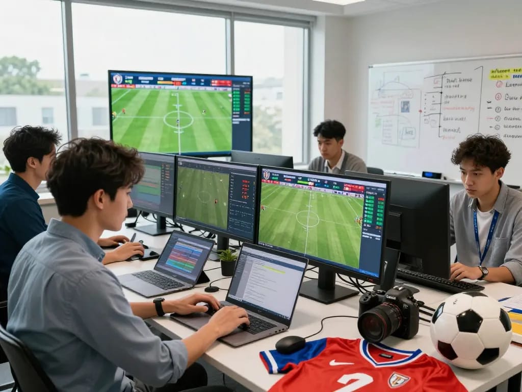 Nowgoal sports analysts actively tracking live soccer scores and predictions in a collaborative office environment.
