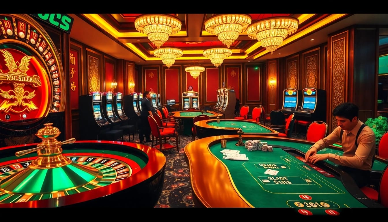 Experience thrilling gameplay at luongsontv60com with vibrant casino scenes featuring roulette and poker tables.