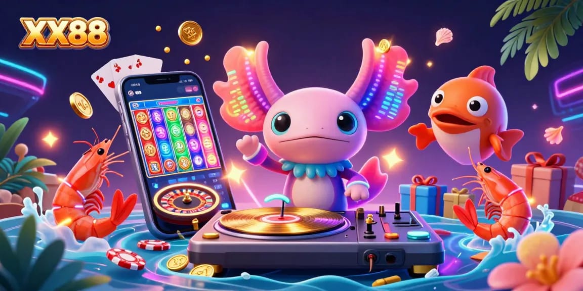 Experience the thrill of gaming with XX88's vibrant cartoon illustration showcasing an axolotl DJ and colorful casino elements.