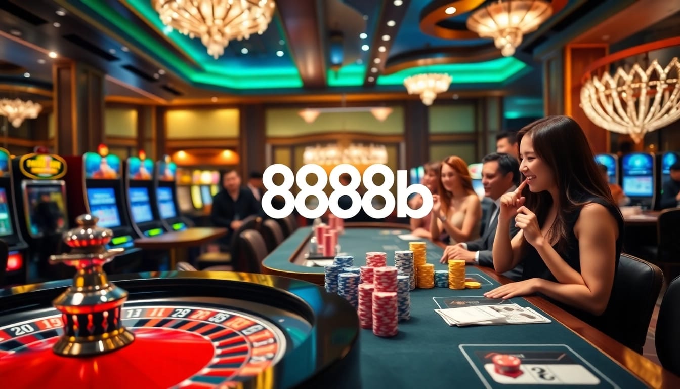 Experience excitement at 888b casino with vibrant gaming tables and thrilled players.
