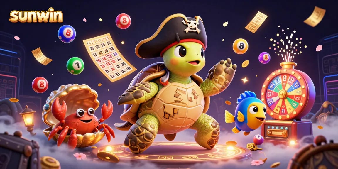 Engage in thrilling gameplay with sunwin as colorful lottery elements and treasure-filled characters interact dynamically in this vibrant illustration.