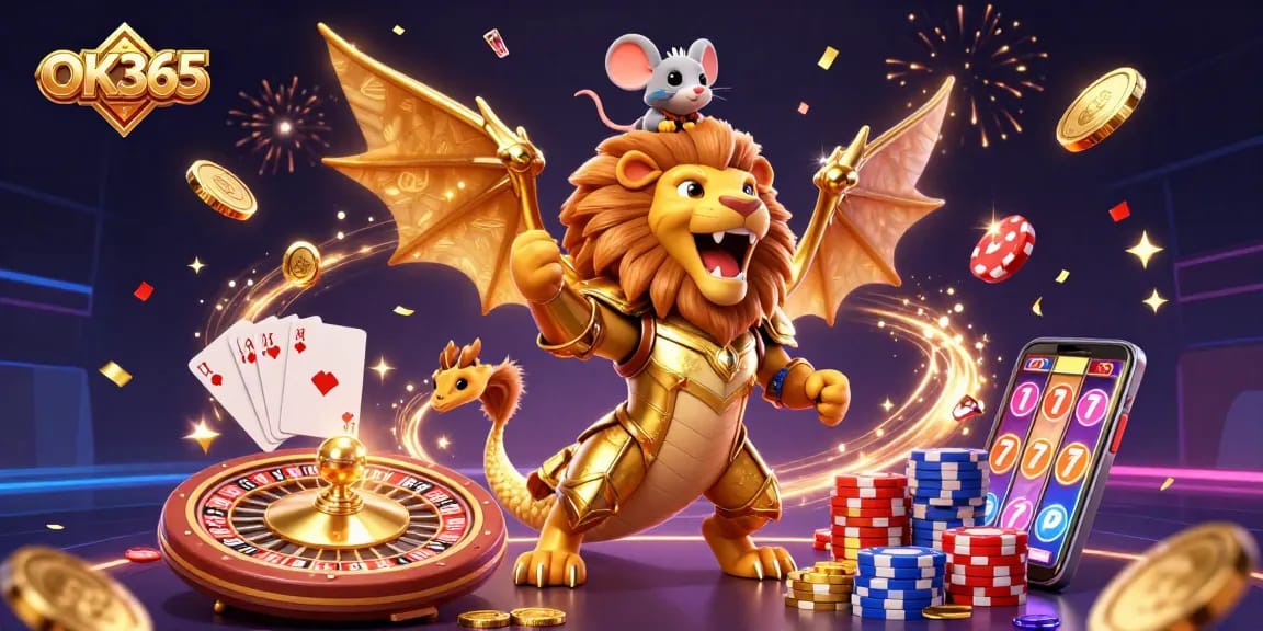Experience thrilling gameplay with OK365 through a vibrant 3D casino illustration featuring a chimera and dynamic casino elements.