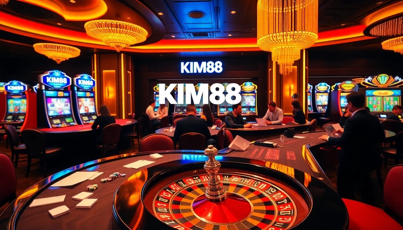 KIM88 casino scene with vibrant tables, players, and a spinning roulette wheel, highlighting excitement.