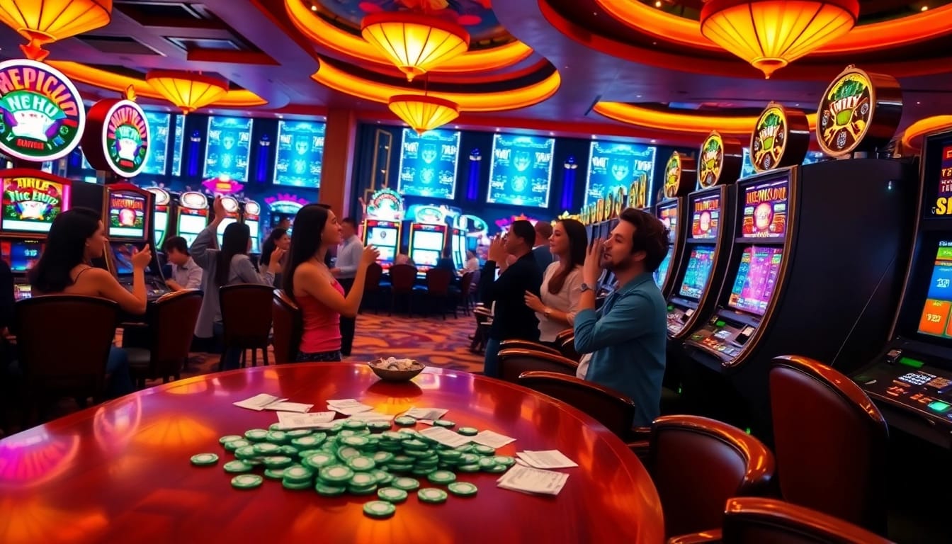 Experience the thrill of nổ hũ at dynamic casino slot machines with vibrant lights and excited players.